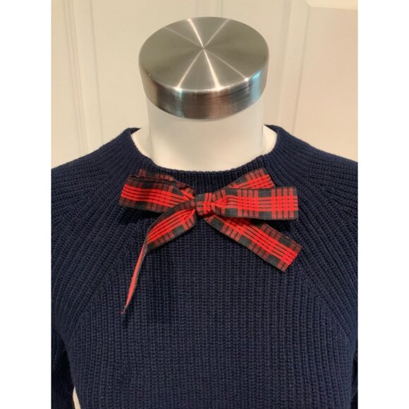 J. Crew Mercantile Navy Blue Knit High Neck Sweater W/ Red Plaid Bow, Size XS - Picture 2 of 6